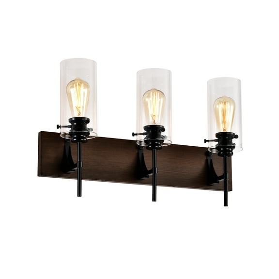 Lisonu 3-Light Bathroom Vanity Light, Matte Black & Wood Fixture with Clear Glass Shades, Modern Vintage Wall Sconce, 23.22x6.57x14.17 inches