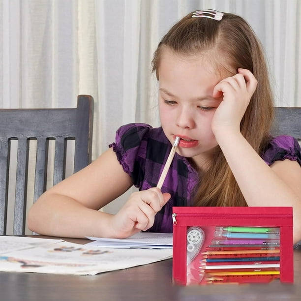 Estuche para lápices FloreceBien con 3 anillas, estuche con cremallera, estuche adhesivo para cosméticos, estuche para bolígrafos con 3 agujeros, color rosa y rojo