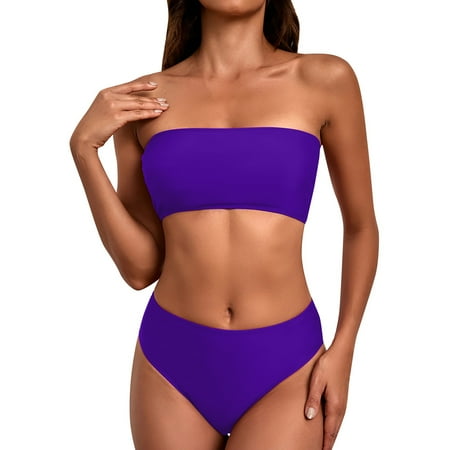 MSJUHEG Swimsuit Sets Bikini Swimsuit Bandeau Bikini Set Women s Two Piece Swimsuit Multi Color Breast Top Lace Up Sexy Bikini Swimsuit Bikini Sets for Women Bathing Suit for Women Bikini Purple XL