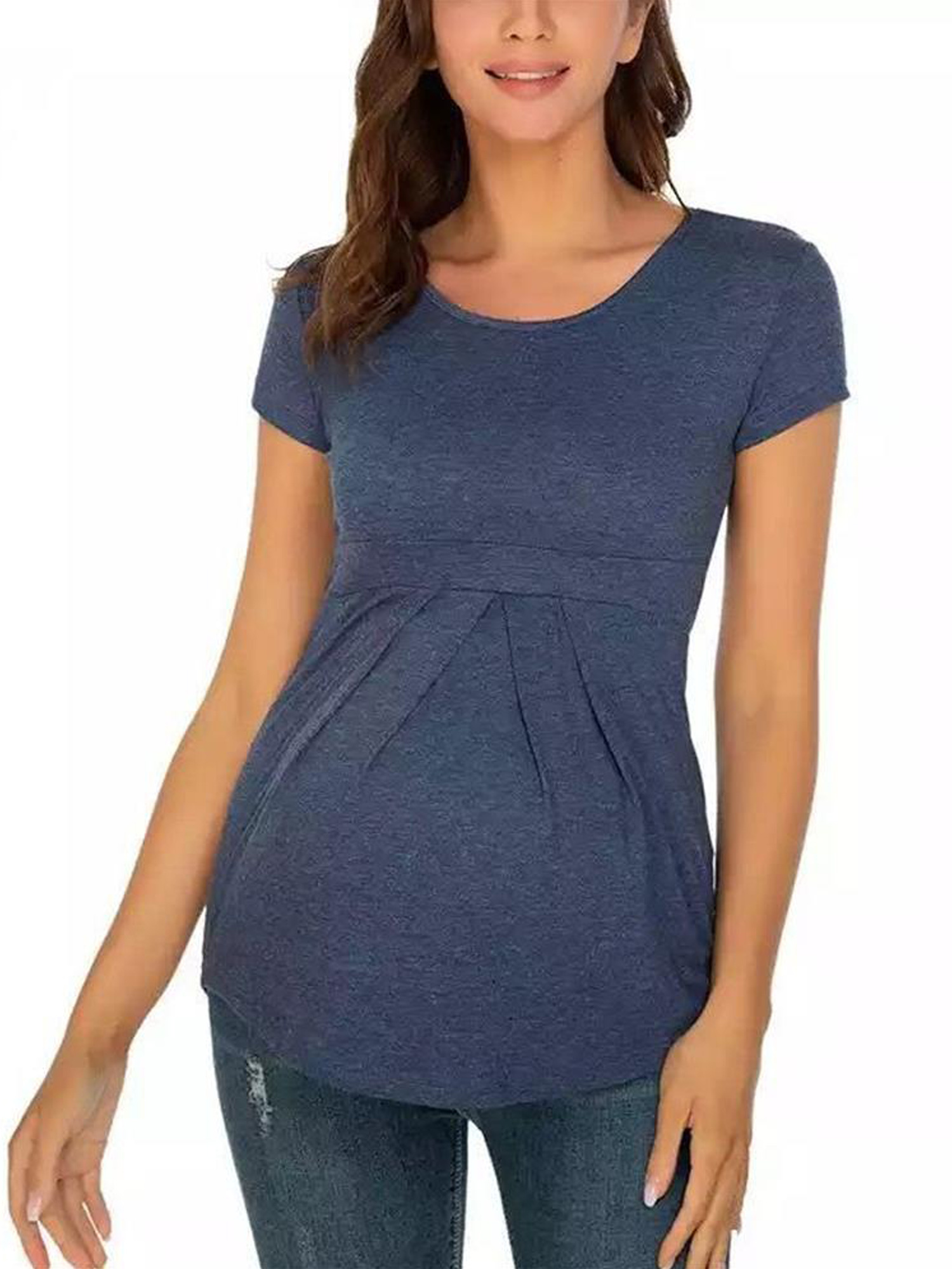 Bhome Maternity Shirts Long Sleeve Top Pregnancy Round Neck Blouse Casual Front Pleat Peplumt Tshirts