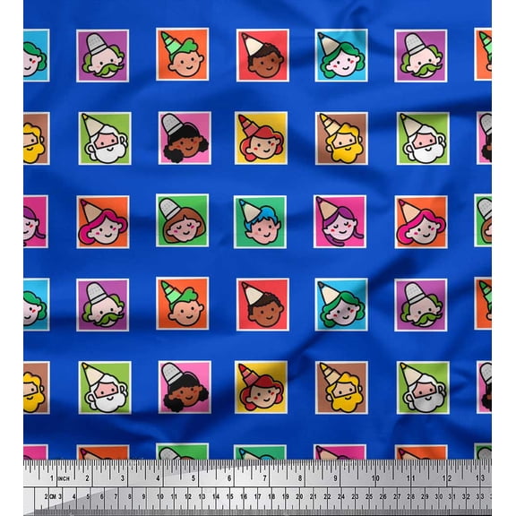 Soimoi Blue Poly Georgette Fabric Square & Human Face Printed Craft Fabric by the Yard 42 Inch Wide