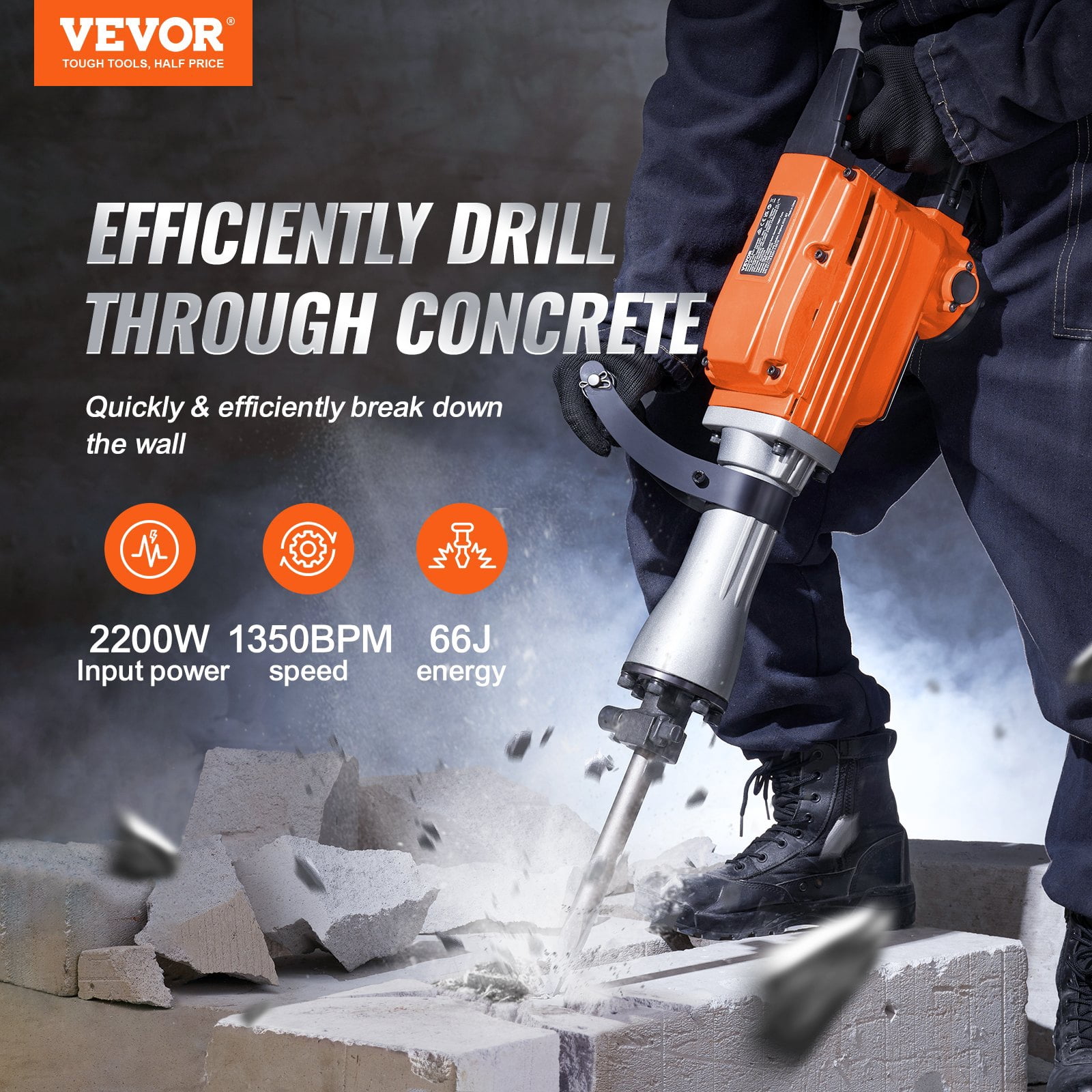 2200W Demolition Jack Hammer, 66J Impact Electric Concrete Breaker with 6 Chisel Bits & Carrying Case, 360° Rotating Handle for Professional Demolition Work
