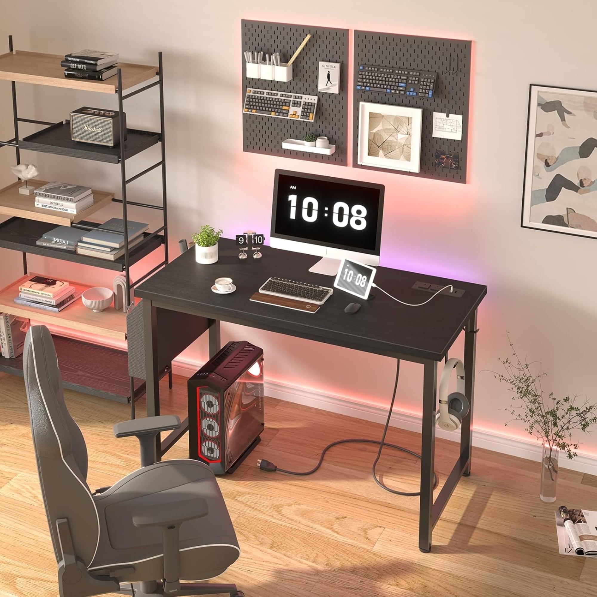 JEZWX Computer Desk with Power Outlet and Charging Station, 40 Inch Teen Study Table, Home Office Writing Work Desk, Black
