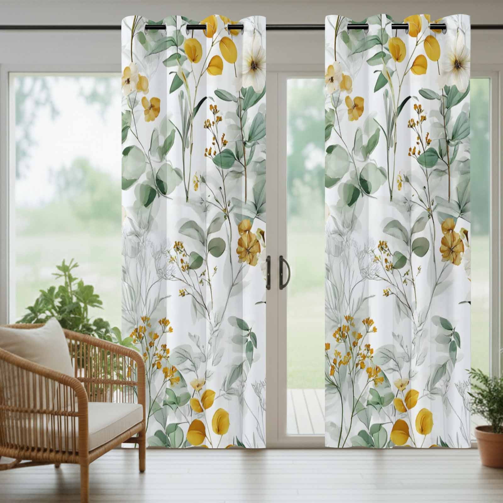 Outdoor Curtains for Patio Waterproof, Spring Flowers Windproof Pravicy Outside Porch Blackout Curtain, Country Green Eucalyptus Leaves Rustic Plants Sun Blocking Grommets Curtains54"x108"