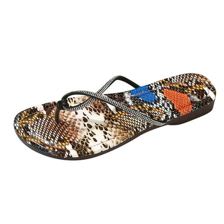 

Womens House Slippers Ladies Fashion Summer Snakeskin Leather Rhinestone Clip Toe Comfortable Flat Slippers