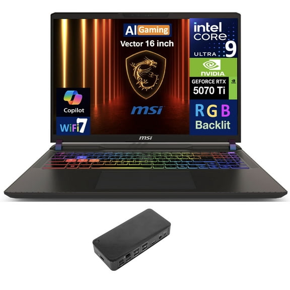 MSI Vector AI Gaming Laptop 16.0in 240Hz WQXGA Display (Intel Ultra 9- 275HX, NVIDIA GeForce RTX 5070 Ti 12GB, 64GB DDR5, 2x8TB PCIe SSD (16TB), RGB KB, 2 Thunderbolt 4, Win 11 Pro) w/USB-C Dock