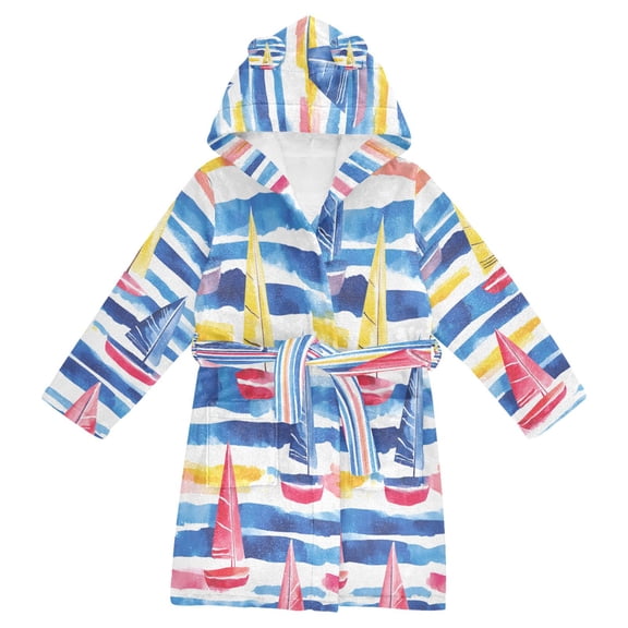 FORMRS Niños Bathrobe Unisex Hooded Robe Soft Plush Pajamas Sleepwear, Size 2-3T, Red Hand Drawn Sailboats
