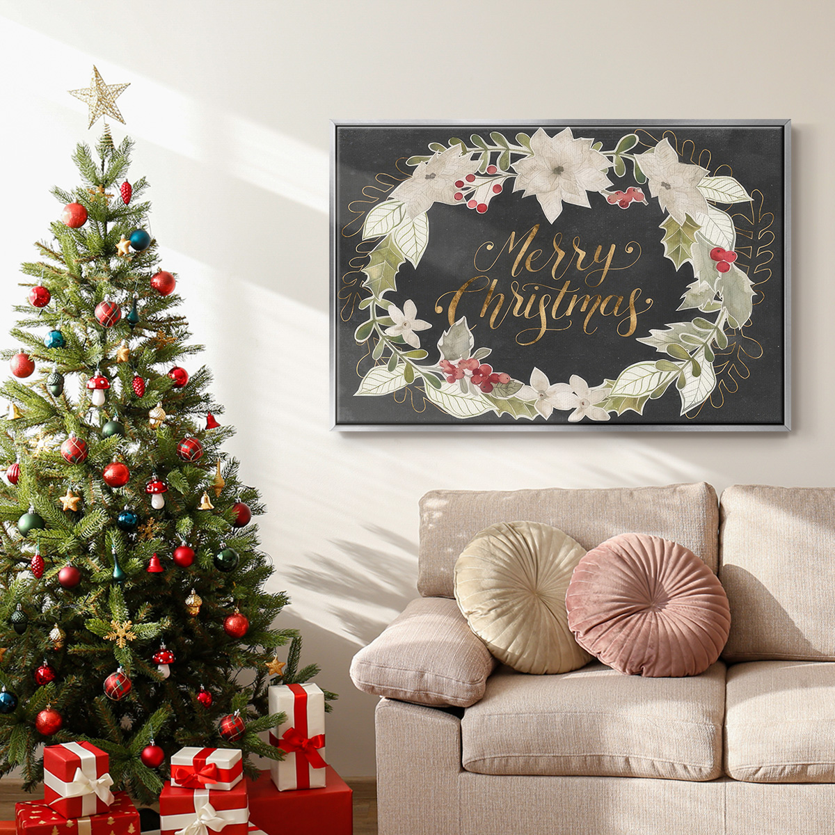 Gilded Christmas Collection A - Framed Gallery Wrapped Holiday Canvas - 25 x 37 - Silver Frame