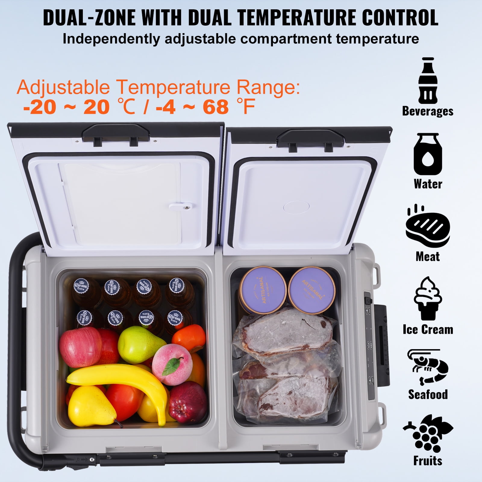 VEVOR Portable Car Refrigerator, 12 Volt Car Refrigerator Fridge, 50 L / 52.8 QT Dual Zone Portable Freezer, -4℉-68℉ Adjustable Temperature, Compressor Cooler