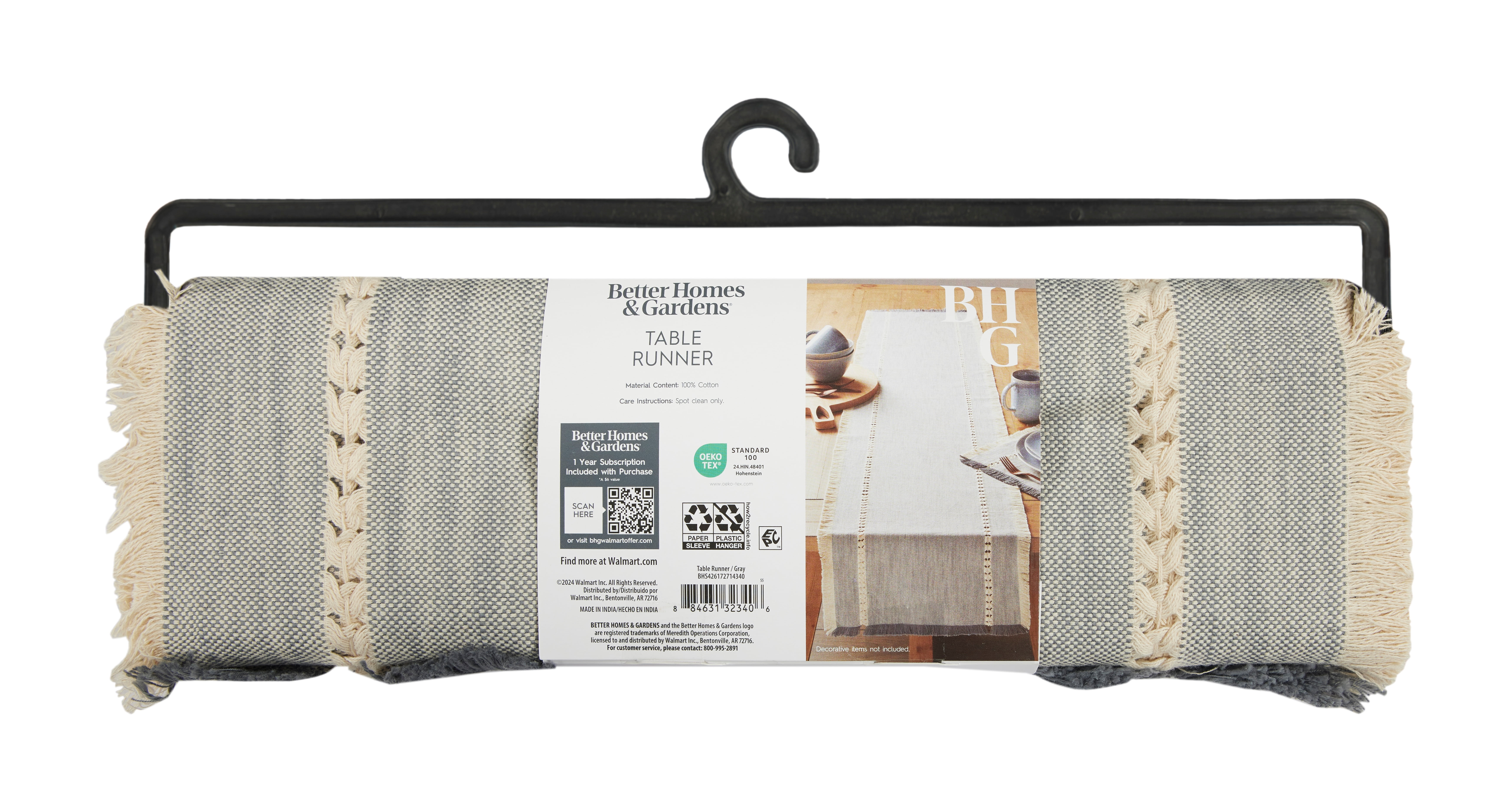 Better Homes & Gardens Gray Fringe Table Runner - 14 x 90" - Gray - 100% Cotton