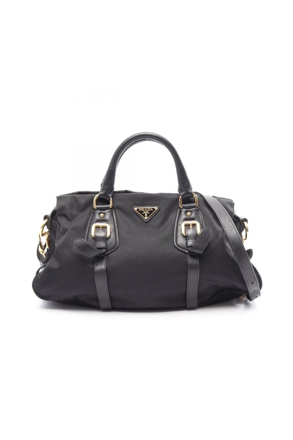 Pre-Owned Prada TESSUTO CALF Triangle Plate 2-Way Handbag, Nylon Leather, Women's, Black
