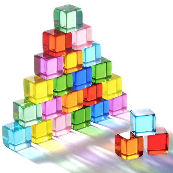 Woodtoe Rainbow Building Blocks for Toddlers, 24 PCS Acrylic Gem Cubes Stacking Blocks, Montessori Stacking Toy for 3 4 5 6 Year Old, Educational STEM Creative Sensory Toy Gifts for Kids Boys Girls