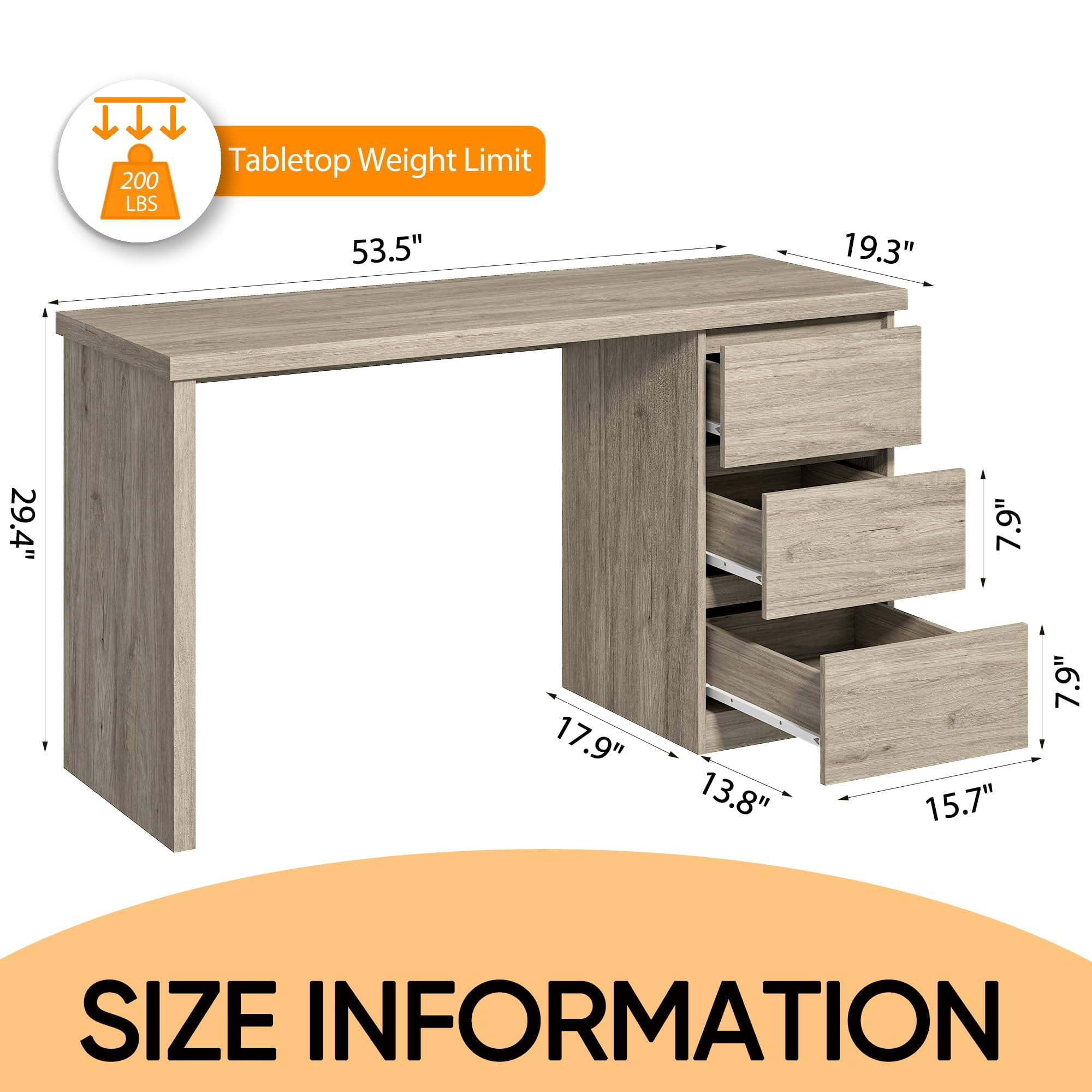Computer Desk with Drawers, Wood Work Desk, Home Office PC Desk Workstation with Storage, Modern Gaming Computer Table for Bedroom, Living Room, 53.5 inches, Gray Oak