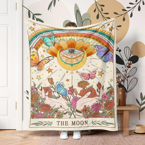 Floral The Sun Tarot Card Throw Blanket, Boho Flower Cute Pink Cozy Decor Nap Blankets Girls Gift Sofa Bed Couch Chair or Dorm Throws Beige 40×50 inches