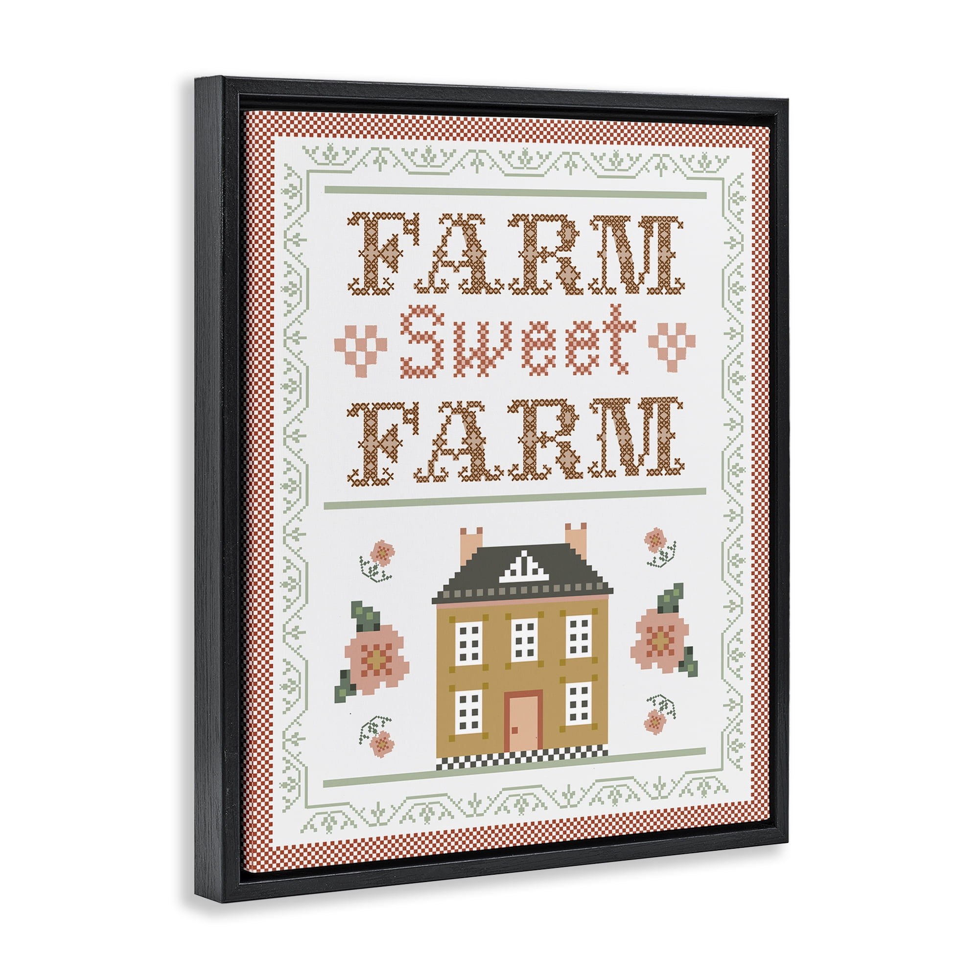 Stupell Industries Sweet Farm Needlepoint Style Text & Numbers Painting Black Floater Framed Canvas Art Print Wall Art, 25 x 31