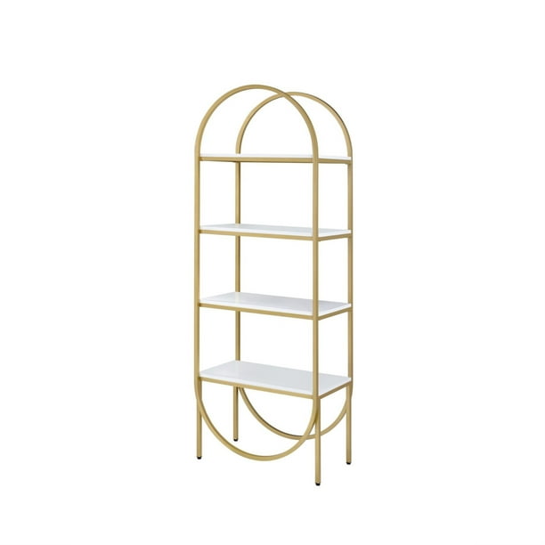 Arched Metal Frame Wooden Bookshelf, White And Gold Bookshelves