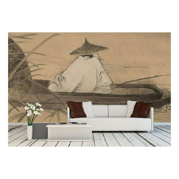 wall26 - Chinese Fishermen in The Boat and Reeds - Removable Wall Mural | Self-Adhesive Large Wallpaper - 100x144 inches