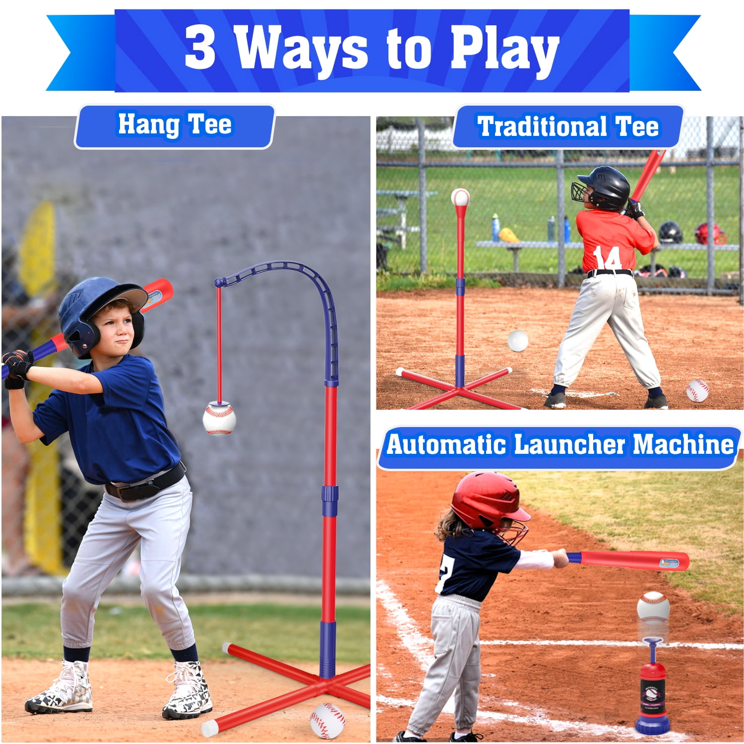 Beefunni 3-in-1 Baseball Set for Toddlers Kids 3-8 - Tee Ball Stand, Hanging Tee, Ball Launcher and 6 Baseballs -  Indoor/Outdoor Sport Gifts for Boys (Red&Blue)