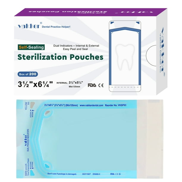 Vakker Bolsas de Esterilización Autosellables Dentales de 3,5" x 6,25", 200 Pzas, Bolsa Esterilizadora en Autoclave VKSP03