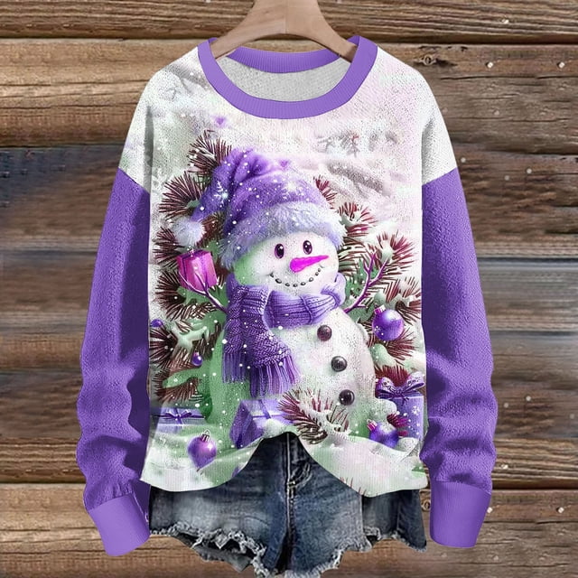 Amzcrzy Chandail en Molleton pour Femmes Chandail Décontracté de Noël Imprimé Col Rond Manches Longues chandail Tricoté Rayé Haut de Noël Chandail en Molleton Manches Longues pour Femmes chandail Chandail en Molleton m