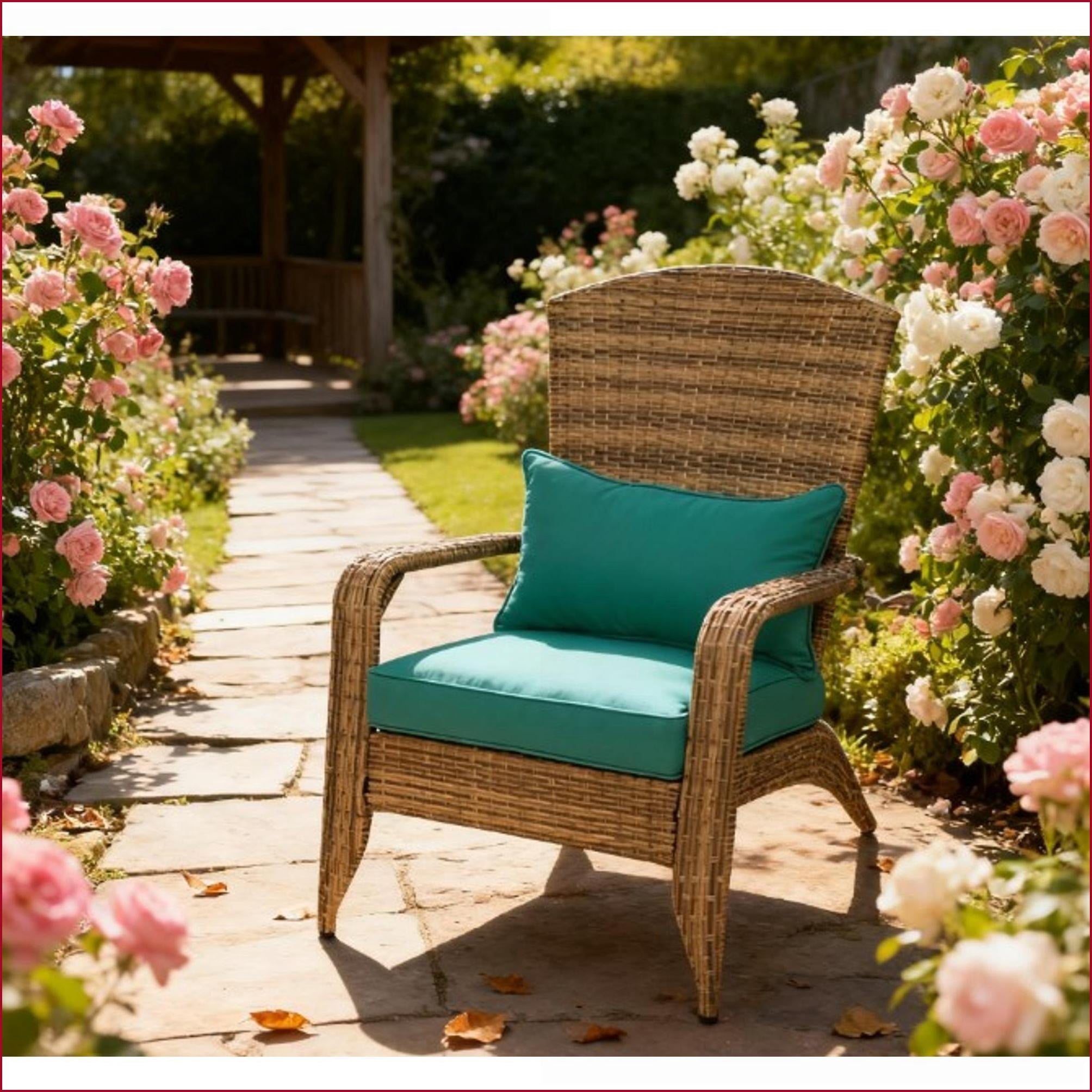 Outdoor Adirondack Chair Curved Tall Back PE Wicker with Soft Sky Blue Cushion for Patio Porch Pool | Brown | Steel