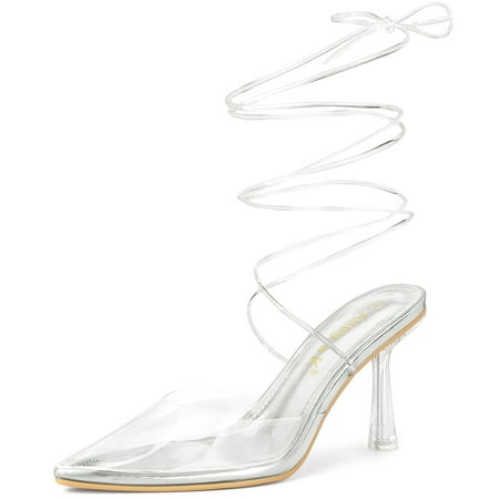 

Unique Bargains Women s Clear Heels Lace Up Strappy Stiletto Heel Sandals