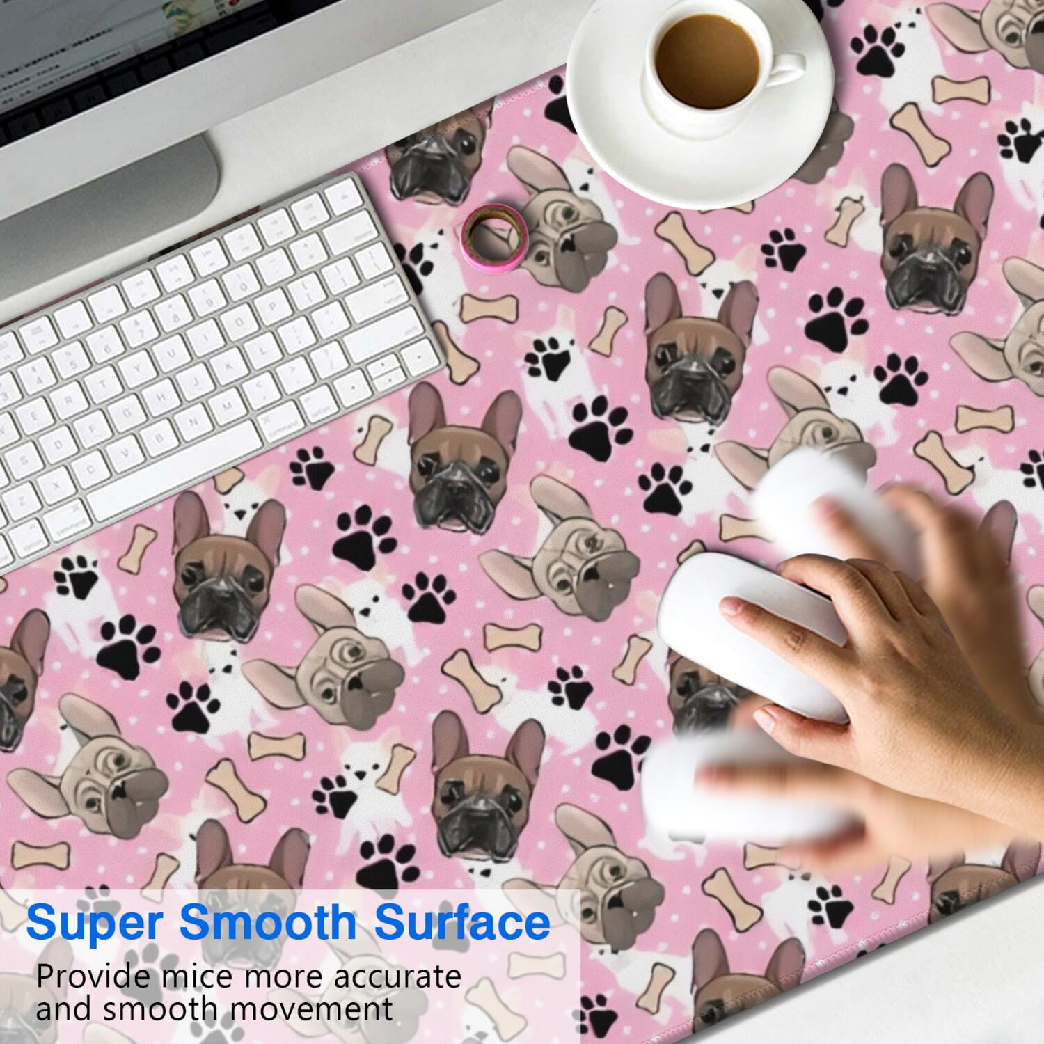 Long Mouse Pads for Desk,French Bulldog Cute Bone Paw Print Desk Mats on Top Of Desks, Desk Mouse Pad Extra Large with 3mm Non-Slip Base and Stitched Edge for Gaming,Office,Work,Home 47.3"x23.6"