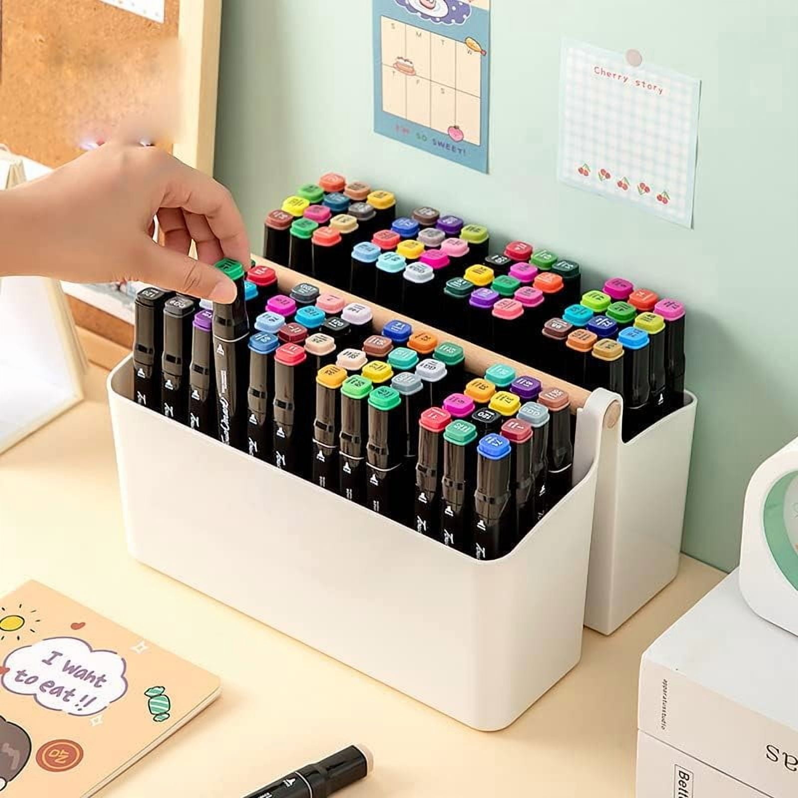 Marker Organizer, Art Caddy with Handle, Art Supply Storage Organizer with Adjustable Dividers, Portable Storage Bin for Craft Supplies Colored Pencils Makeups Tools Pen Holder for Desk