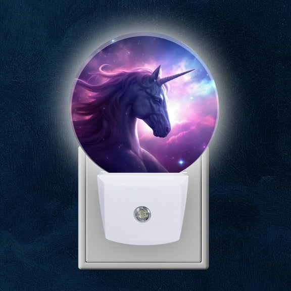 Night Light Plug into Wall,Dusk to Dawn Sensor Auto-On/Off for Bathroom, Hallway,Kids Room-Unicorn With Flowing Mane Standing The Backdrop Of Ethereal Galaxy