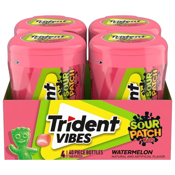 Pack of 2 Trident Vibes Sour Patch Kids Sugar Free Gum, Watermelon, Regular Size, 40 Piece Bottle
