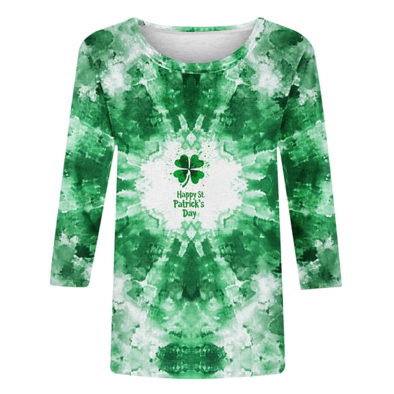 BLVB St. Patrick's Day T-Shirt for Womens Shamrock Printed 3/4 Sleeve Casual Graphic Tee Tops Cute Crewneck Blouses