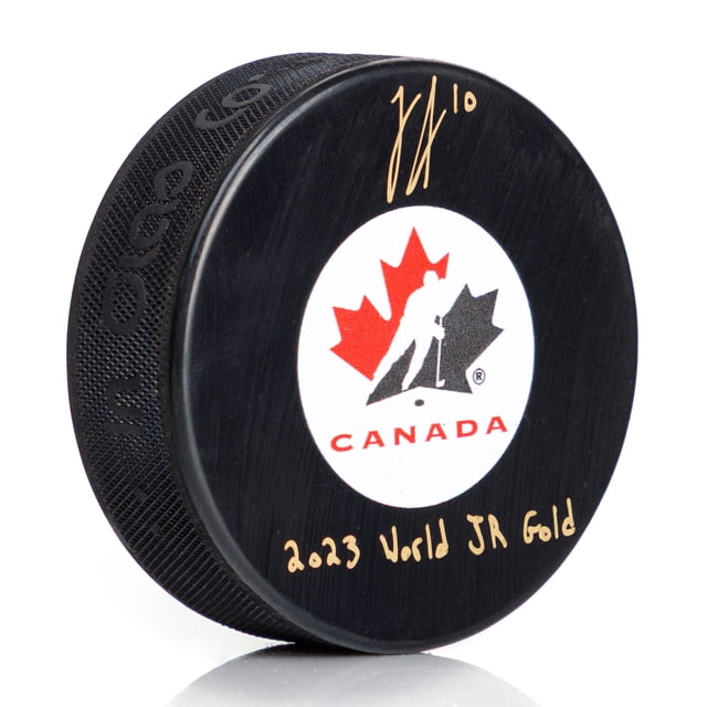 Logan Stankoven Signed Canada Hockey Puck with Jr Gold Note