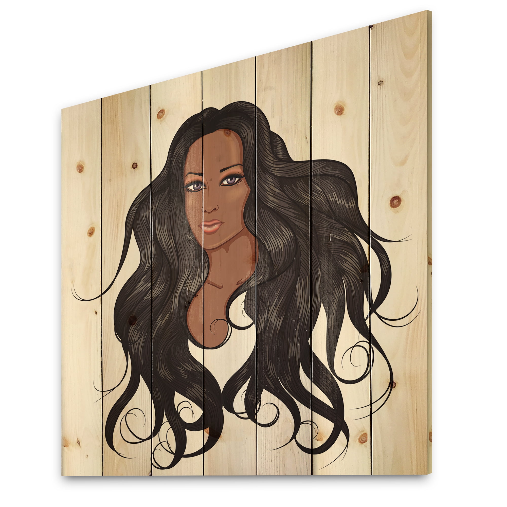 Designart 'Portrait Of Afro American Woman XV' Modern Print on Natural Pine Wood
