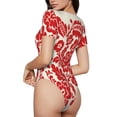 thumbnail image 2 of Fuzoiu Flowers Red Beige Print Women's Short-Sleeved Onesie, Short Sleeve Body Suits, Women Round Neck Bodysuits for Women,for Daily Wear, Parties, and Layering-Large, 2 of 7