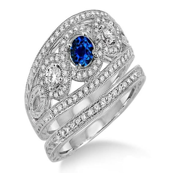 2 Carat Sapphire and Diamond Trilogy set Ring on 10k White Gold
