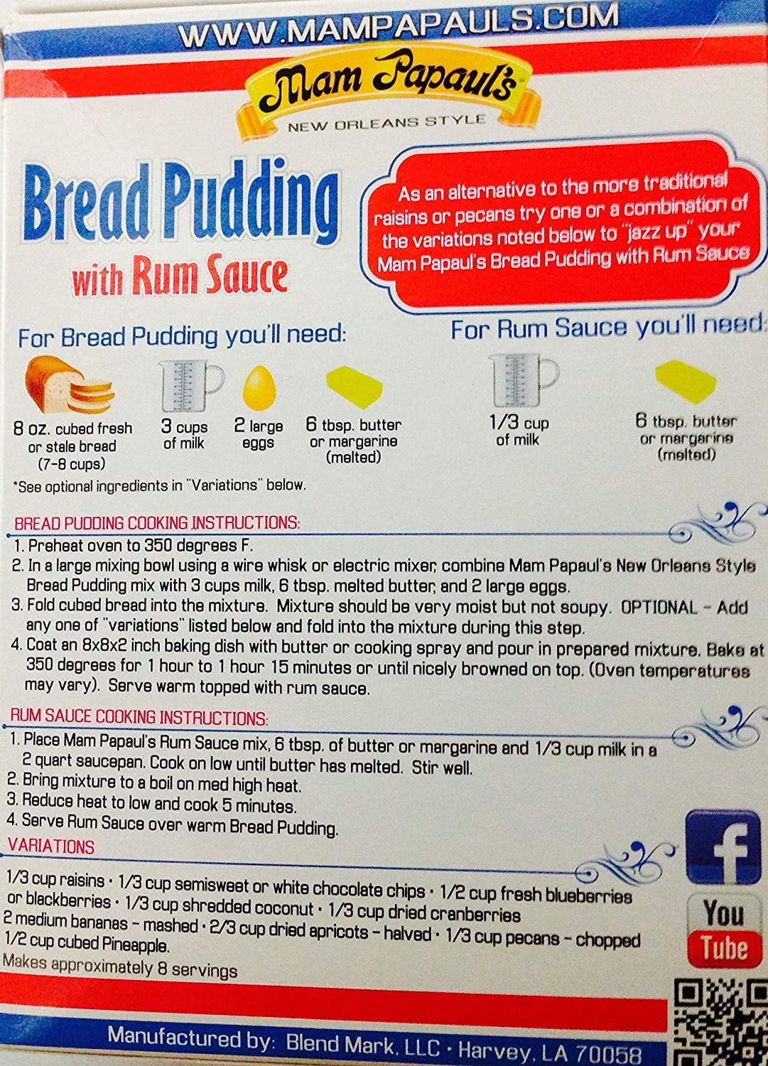 (2 pack) Mam Papaul's Bread Pudding and Rum Sauce Mix, 16.25 oz