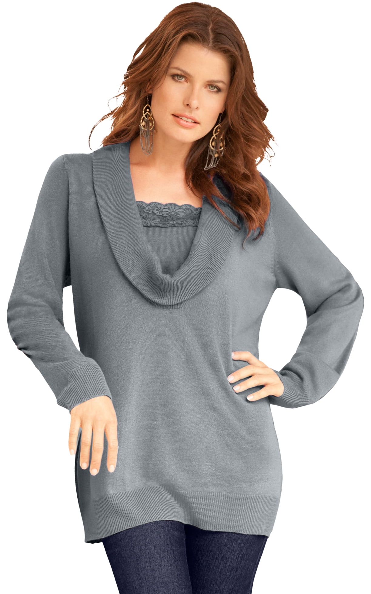 Roaman's Women's Plus Size Lace-Trim Cowl Neck Sweater Sweater - Walmart.com