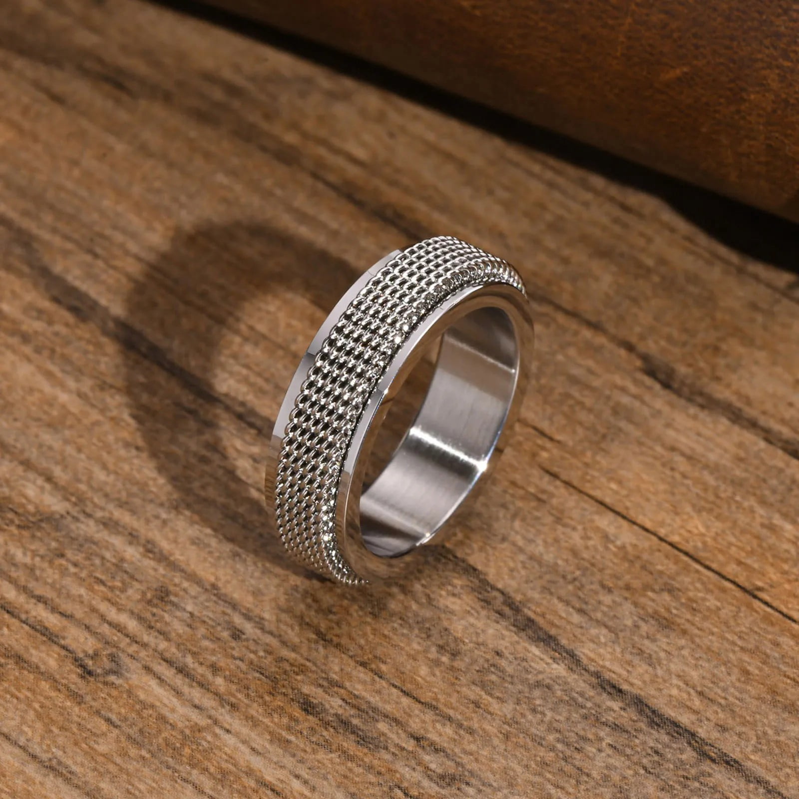 Men's Spinner Fidget Rings for Anxiety, Waterproof 14K White Gold Mesh Wedding Band Rings,Stress Relieveing Gifts Jewelry