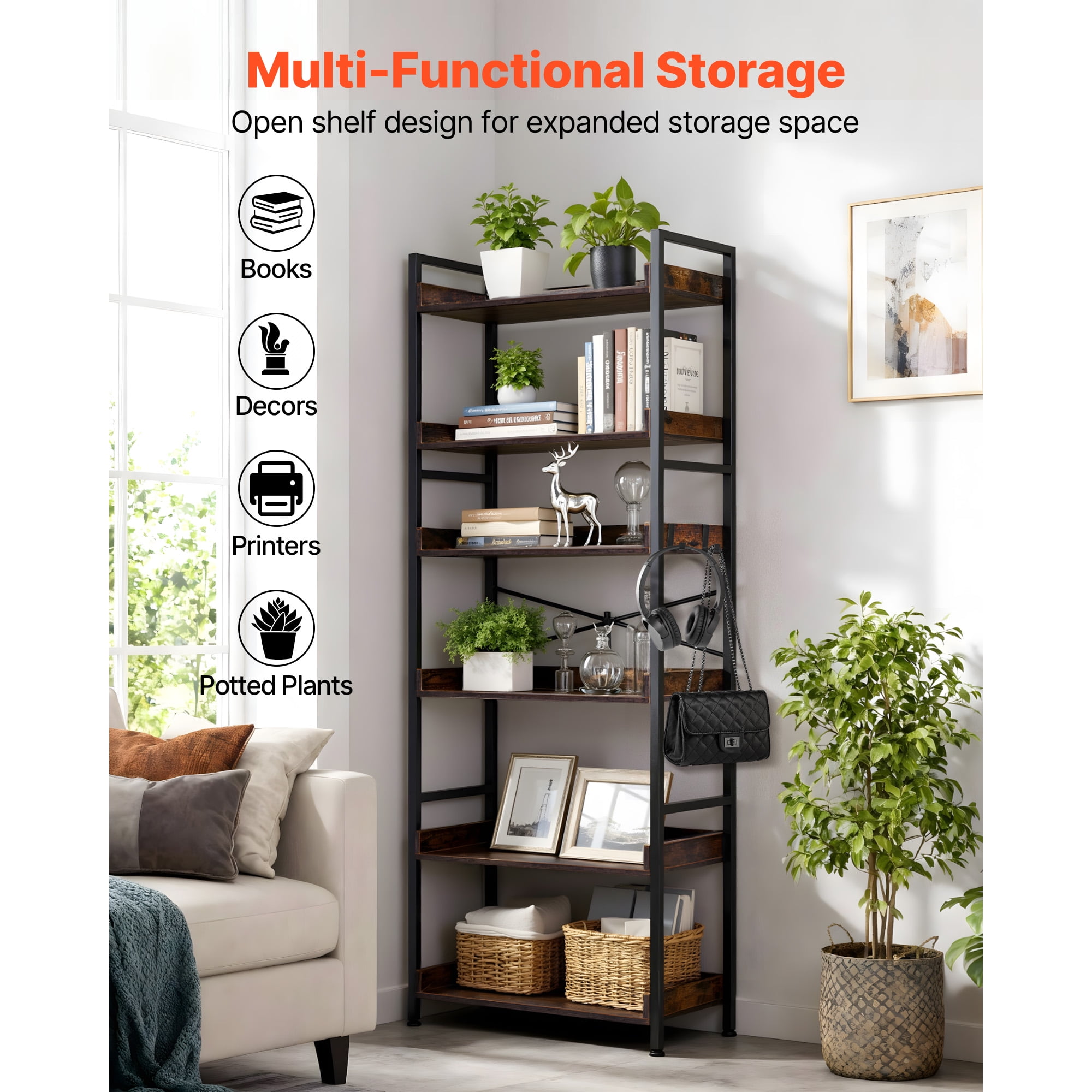 KFFKFF Industrial 6-Tier Bookshelf, Vintage Ladder-Style Shelf with Metal Frame, Open Shelving Unit for Living Room, Bedroom, Kitchen, Home Office, Rustic Brown