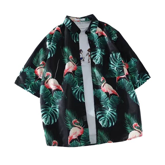Mens Tropical Print Shirt Short Sleeve Chest Pocket Relax Fit Vintage, Summer Beach Shirt