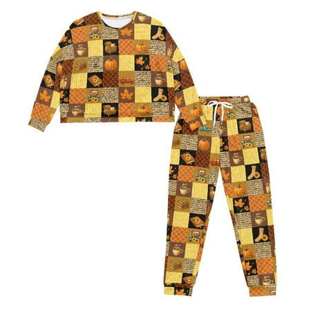 HELLHERO Thanksgiving Pjs Set for Women Pumpkin Printed Drawstring Pajama Fall Sleepwear Long Sleeve Loungewear with Pajama Pants Lounge Set XL