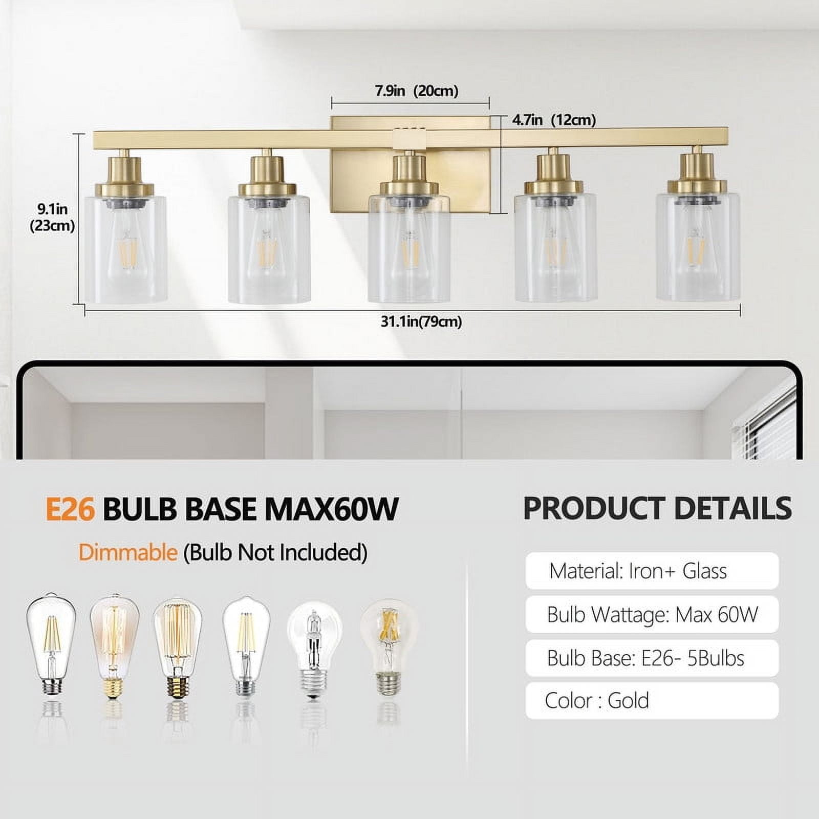 31" 5-Light Gold Vanity Light with Clear Glass Shades, Modern Bathroom Wall Fixture for Mirror or Dressing Table, Durable Metal Build, No Bulbs Included, Easy to Install