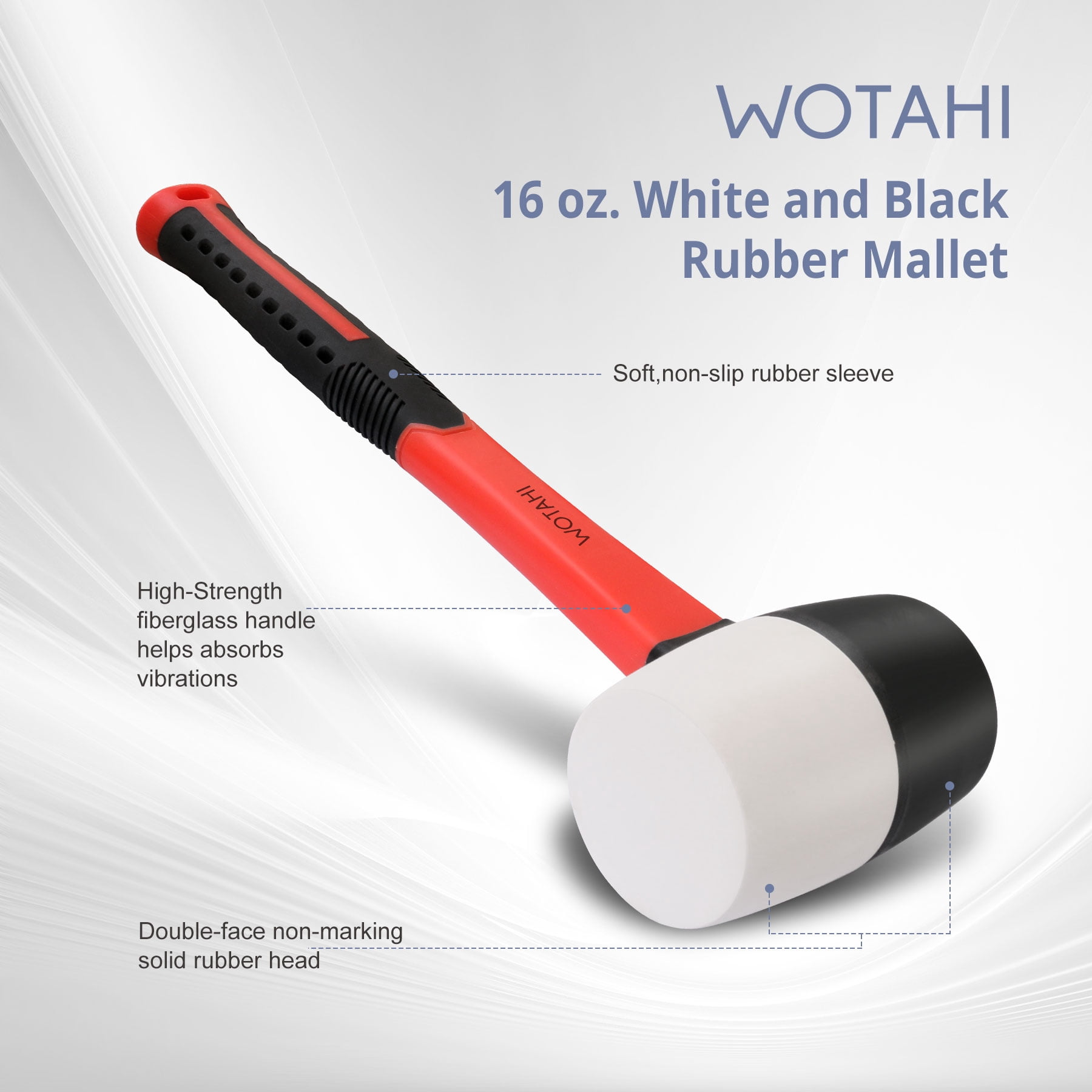 WOTAHI 2-Piece Rubber Mallet Hammer Set-16 oz. White and Black Rubber Mallet and 35 mm Dual Nylon Head Installation Hammer, Soft Grip Fiberglass Handle, Double-faced Non-marring and Solid Head