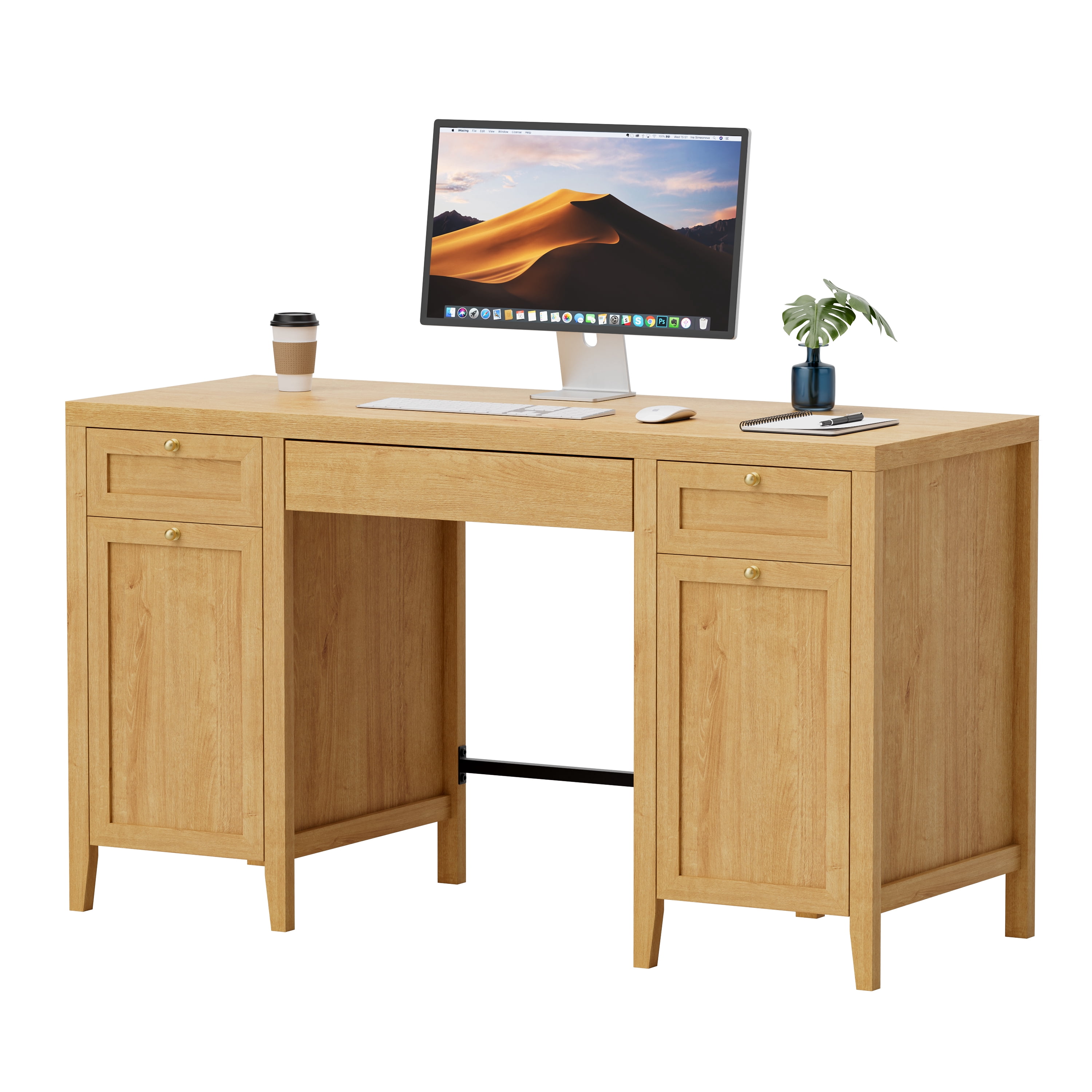 Joyyskill 52" Executive Desk with Storage Drawer, Farmhouse Home Office Desk with Storage Cabinet Wood Computer Writing Desk, Natural Oak