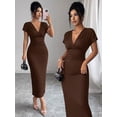 thumbnail image 5 of Women Deep V Neck Short Sleeve Midi Dress Ruched Waist Bodycon Dress for Office Date Party Dinner, 5 of 9