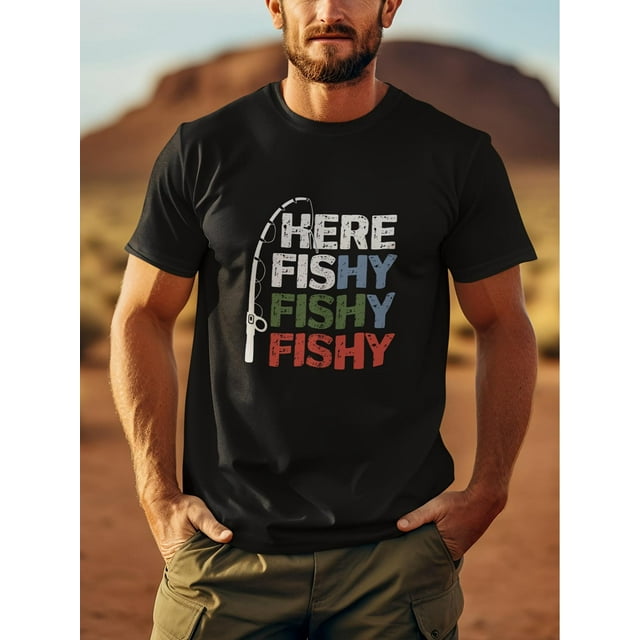 Camiseta gráfica "Here Fishy Fishy" para hombre: camiseta informal de algodón negra con estampado de cañas de pescar de colores, cuello redondo y manga corta. Ideal para actividades al aire libre en v