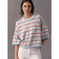 thumbnail image 4 of Women's Striped Crew Neck Drop Shoulder Short Sleeve Cropped Knit Sweater Blue S, 4 of 8