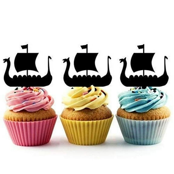 Wooden Viking Ship Silhouette Acrylic Cupcake Toppers 12 pcs
