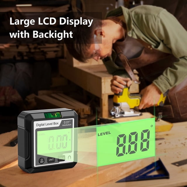 WRXMIJNHGSA Niveleur à Moins de 10$ Boîte Numérique et Localisateur d'Angle (Base & Écran LCD) pour Menuiserie et Réglage Précis de l'Angle de la Table/visue Noir DLB