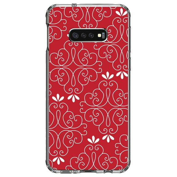 DistinctInk Clear Shockproof Hybrid Case for Samsung Galaxy S10e (5.8" Screen) - TPU Bumper, Acrylic Back, Tempered Glass Screen Protector - Dark Red White Floral